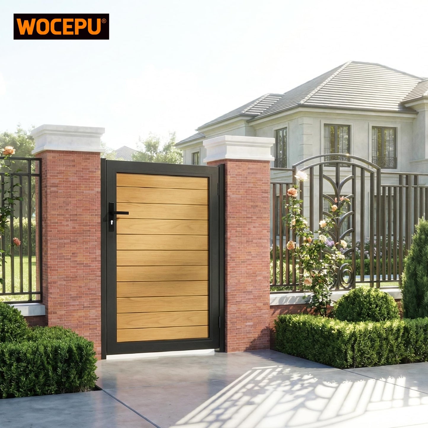 WOCEPU 3x4 FT (34.8"x47.8") Aluminum Fence Gate Kit, Heavy-Duty Wood Grain Aluminum Gate with Decorative Cutout, Lock & Hinges, Left/Right Opening, Weather-Resistant for Yard, Garden, Backyard