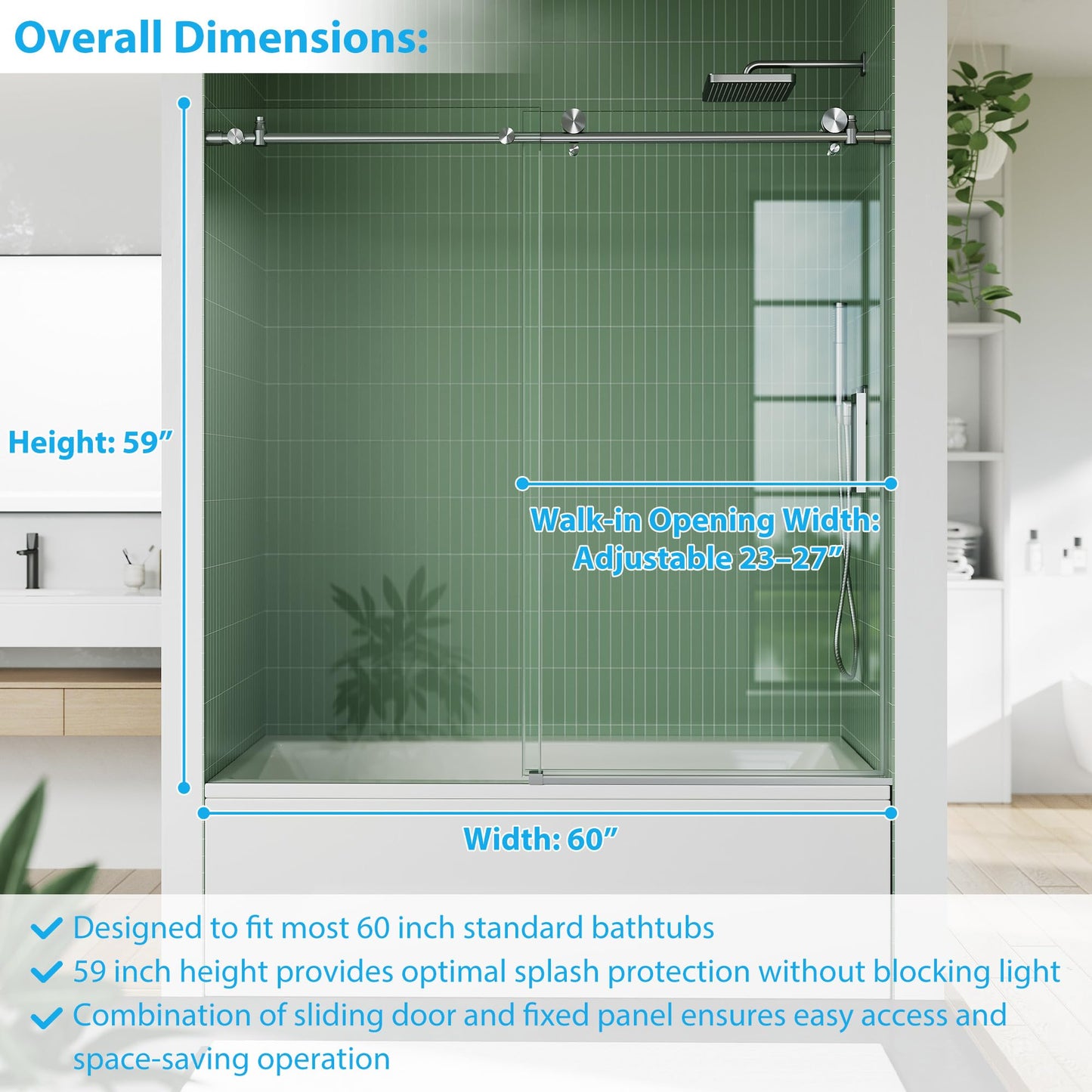 60" x 59" Frameless Sliding Tub Door – Brushed Stainless Steel Round Rail, 8mm Tempered Glass with Easy Clean Coating, Heavy Duty Roller System for Bathtub
