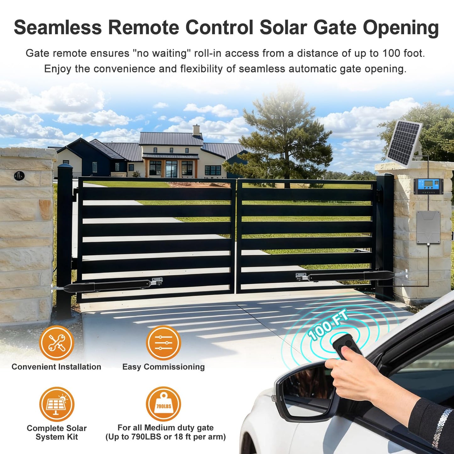 GYXEL C025 Solar Gate Opener with Batteries & Solar Panel for Dual Swing Gates Up to 790lb 18FT per Arm Complete Automatic Gate Opener Kit with Remote Medium-Duty Electric Gate Opener Solar-Powered