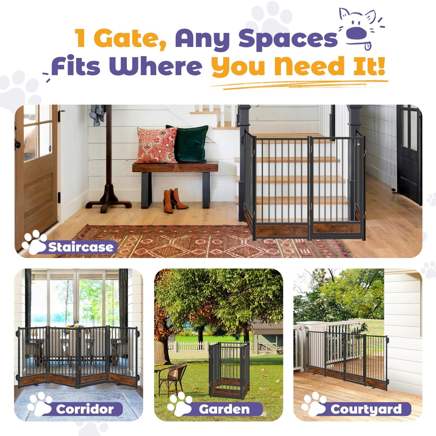 Freestanding Dog Gates with Door Metal Wood for Outdoor Indoor, 81'' Extra Wide 32'' Tall 4 Panels Free Standing Pet Gate for Doorways, Large Openings, Deck,Yard, Foldable Safety Dog Fence, Black