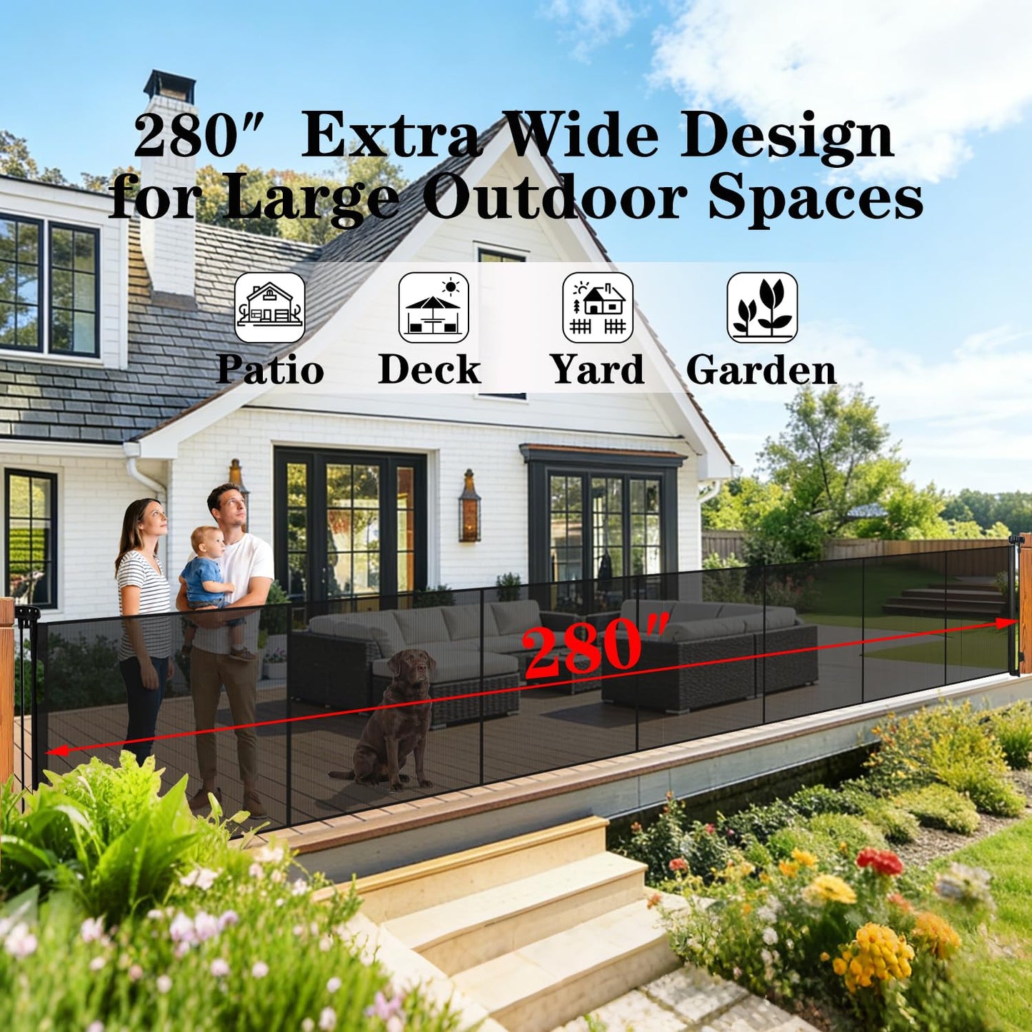 280'' Extra Wide Retractable Baby Gates for Large Opening, 52" Tall Retractable Dog Pet Gate with Support Rods, Long Mesh Screen Child Safety Gate for Garage Doorways Deck Stairs Yard Outdoor Indoor
