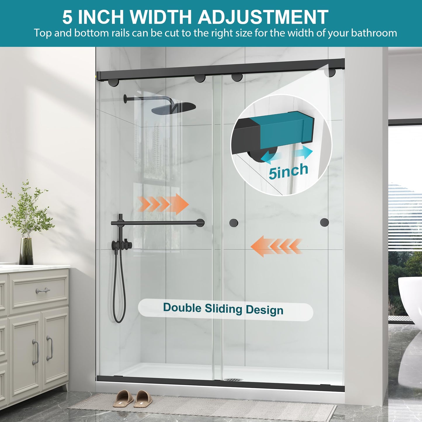 Frameless Shower Door with Soft-Close & Anti-Leak,5/16" (8mm) Double Sliding Shower Door,Nano Coating Anti-Explosion Film SGCC Tempered Glass 43"- 48" W x 76" H,Matte Black