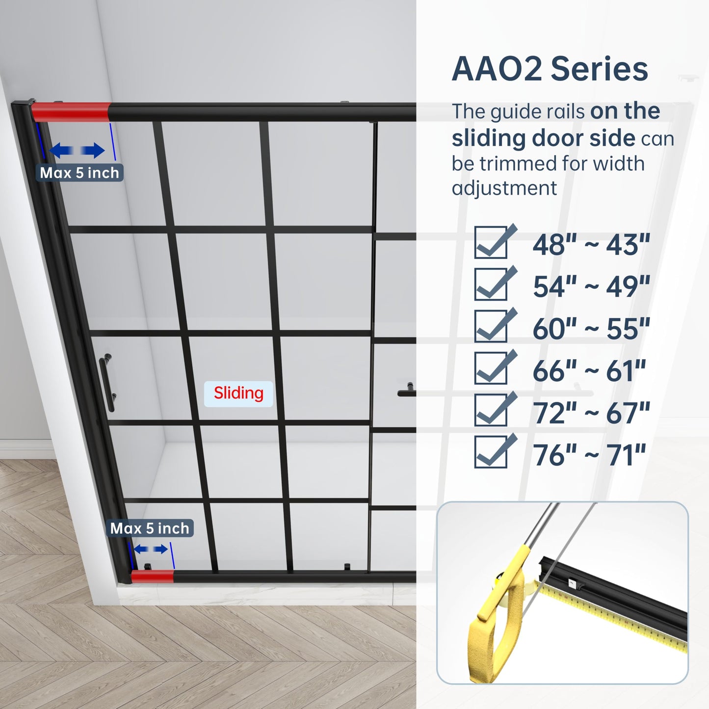 FELYL Black Grid Sliding Shower Door 43-48" W x 72" H, Matte Black, Single Sliding Door, Framed, 1/4" (6mm) SGCC Tempered Glass, Reversible Installation