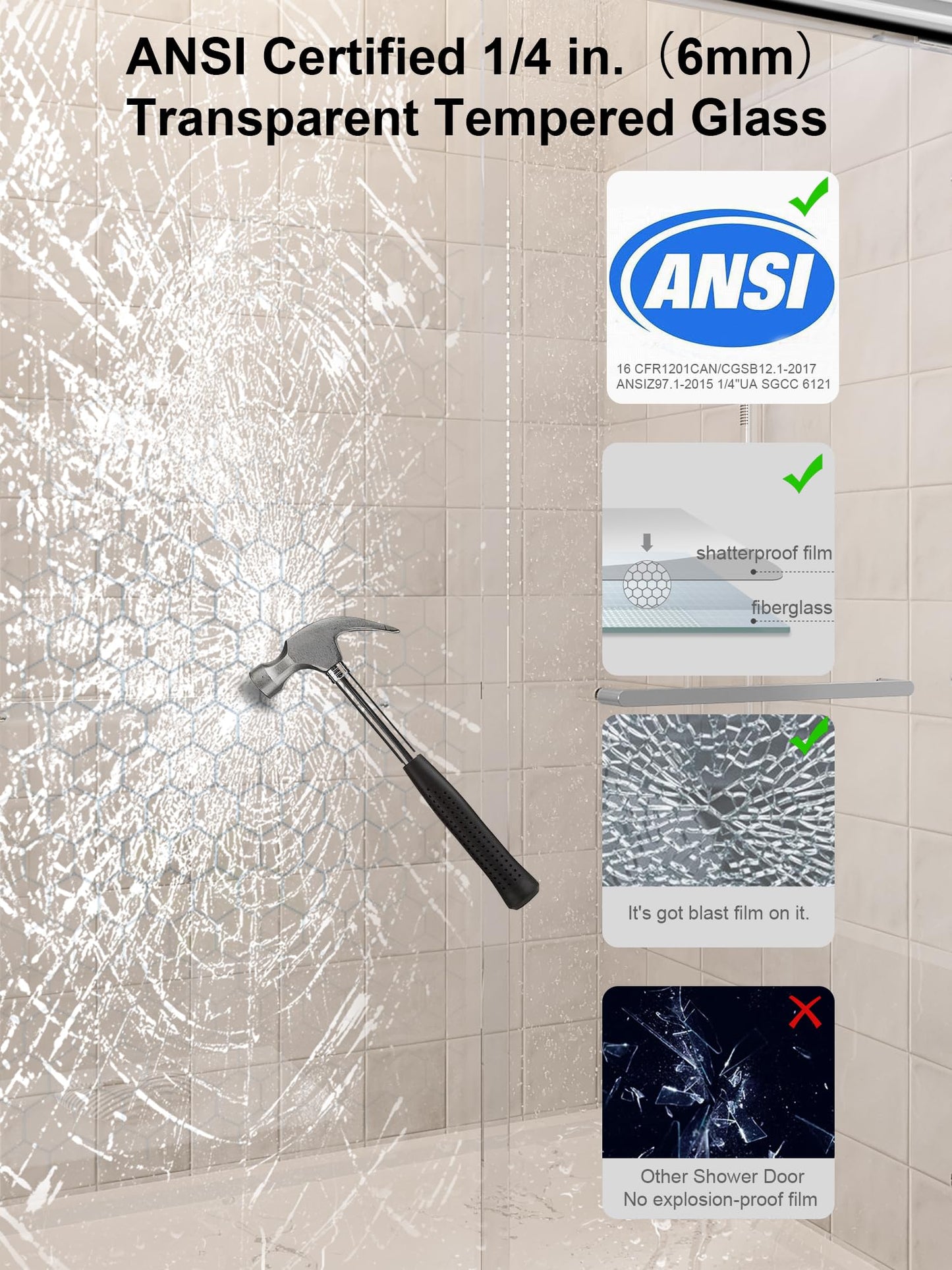 Glass Shower Door, 56"-60" W x 72" H Sliding Shower Door, Aluminum Semi-Frameless & 1/4"(6mm) Clear Tempered with Explosion-Proof Film Nano Coating Shower Door Fit for Walk in Shower, Chrome Silver