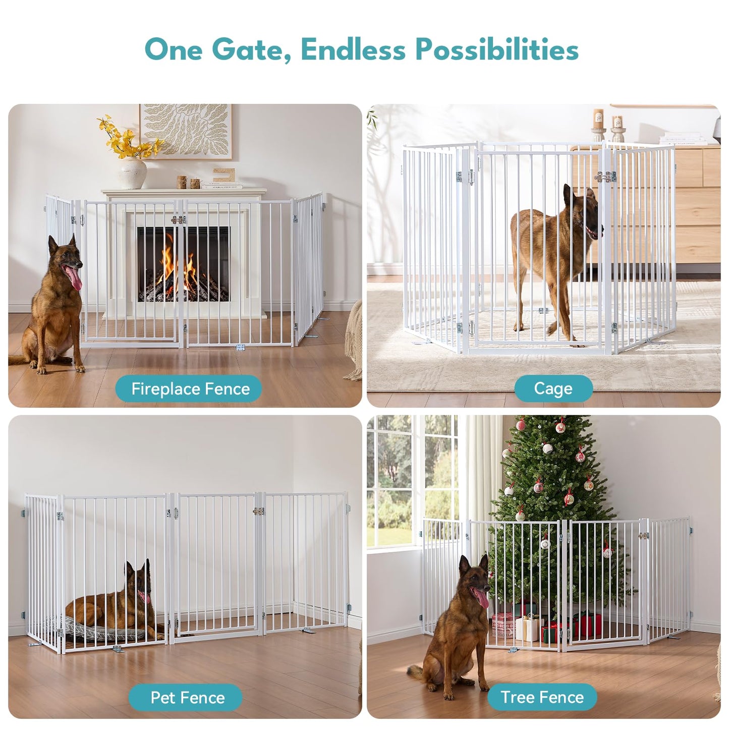 No Pawblems Free Standing Dog Gate with Door, 36'' Tall Foldable Dog Fence for Indoor & Outdoor, Up to 104 Inch Extra Wide Puppy Gate for Stairs, Hallways, Doorways, Deck, Yard (White, 4 Panels)