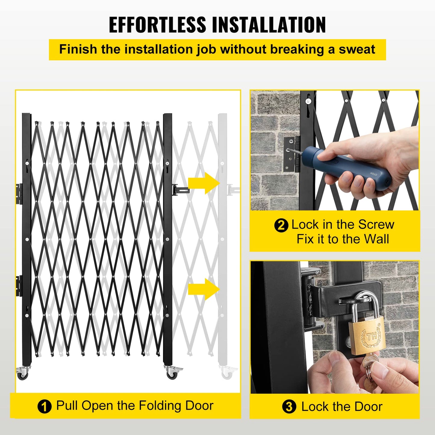 VEVOR Single Folding Security Gate, 7 ft H x 7 ft W Folding Door Gate, Steel Accordion Security Gate, Flexible Expanding Security Gate, 360° Rolling Barricade Gate, Scissor Gate/Door with Padlock
