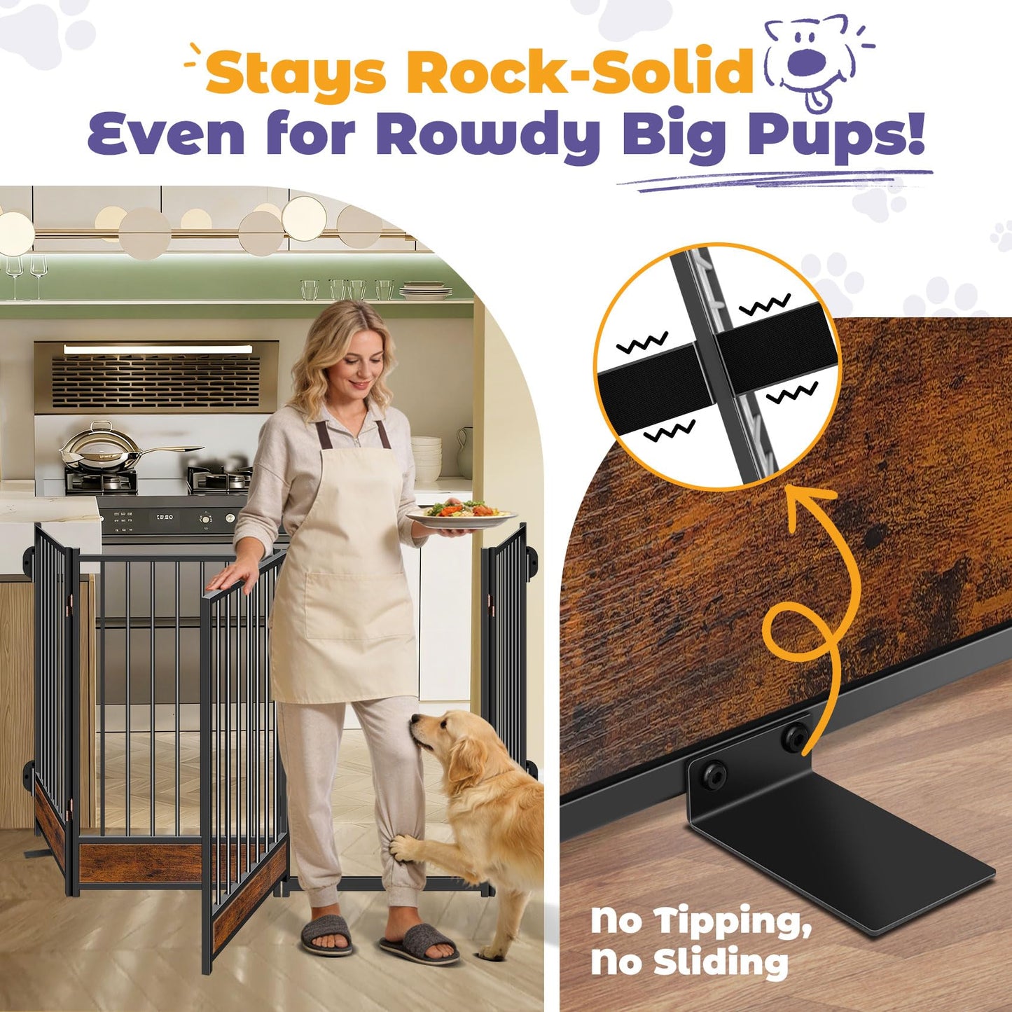 Freestanding Dog Gates with Door Metal Wood for Outdoor Indoor, 81'' Extra Wide 32'' Tall 4 Panels Free Standing Pet Gate for Doorways, Large Openings, Deck,Yard, Foldable Safety Dog Fence, Black
