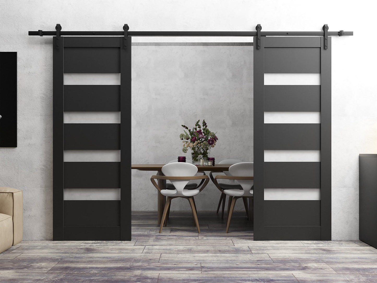 SARTODOORS Sliding Double Barn Doors with Hardware | Quadro 4113 Matte Black with Frosted Opaque Glass | 13FT Rail Sturdy Set | Interior Bedroom Bathroom Door-48" x 80" (2 * 24x80)-Black Rail
