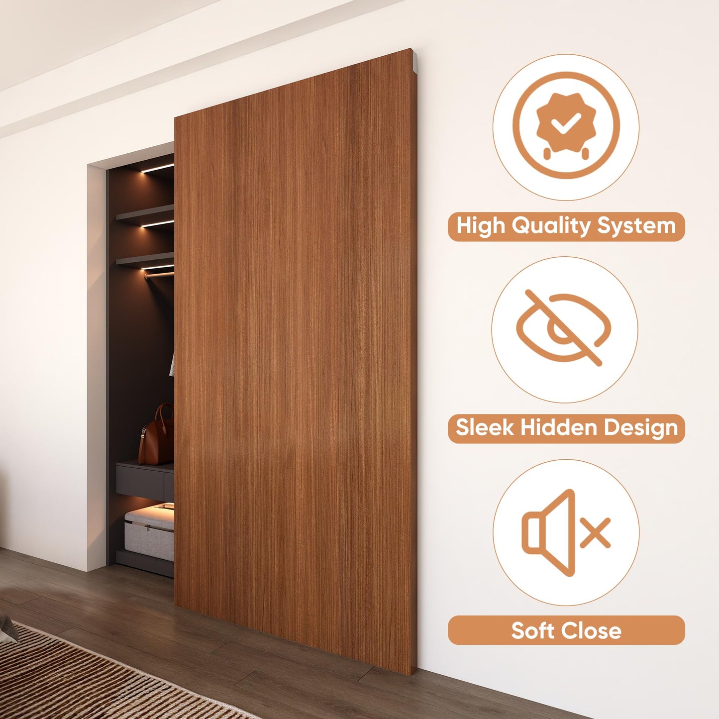 JUBEST 48" Concealed Barn Door Hardware Kit with Soft Close Mechanism, Wall Mounted Invisible Sliding Door Track for Opening Width 40" to 44", Hidden Barn Door Hardware Kit, Door Needs Groove