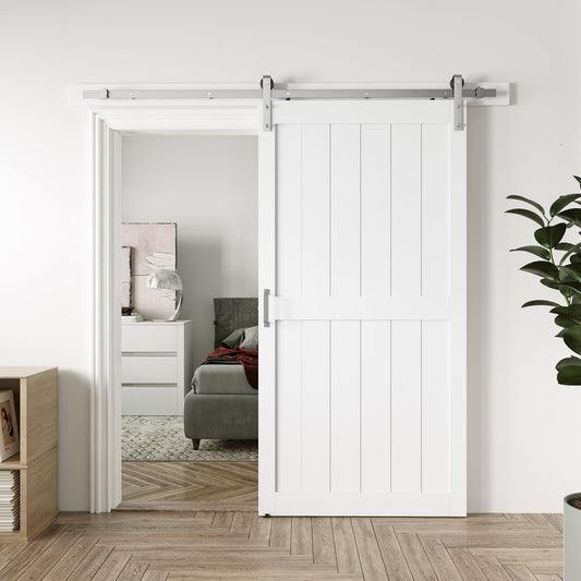 COSHOMER 42in x 84in White Sliding Barn Door with 7ft Brushed Nickel Hardware Kit & Handle, Pre-Drilled Holes Easy Assembly -Solid Barn Door Slab Covered with Water-Proof PVC Surface, H-Frame