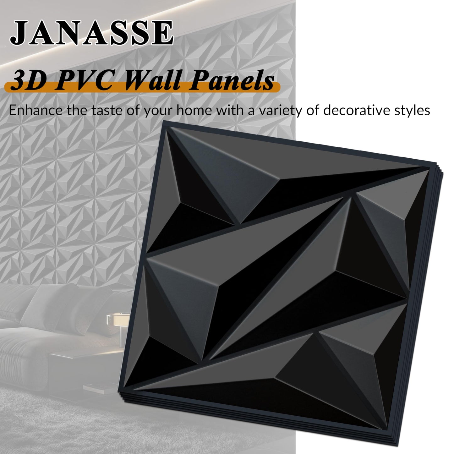 janasse 3D Wall Panel for Interior Wall Decor, PVC Wall Panels for Living Room Bedroom Game Room, Black Wall Panels for Lobby Hotel Office, 12''x12'' Cover 19.Sq.Ft.(20 Packs)