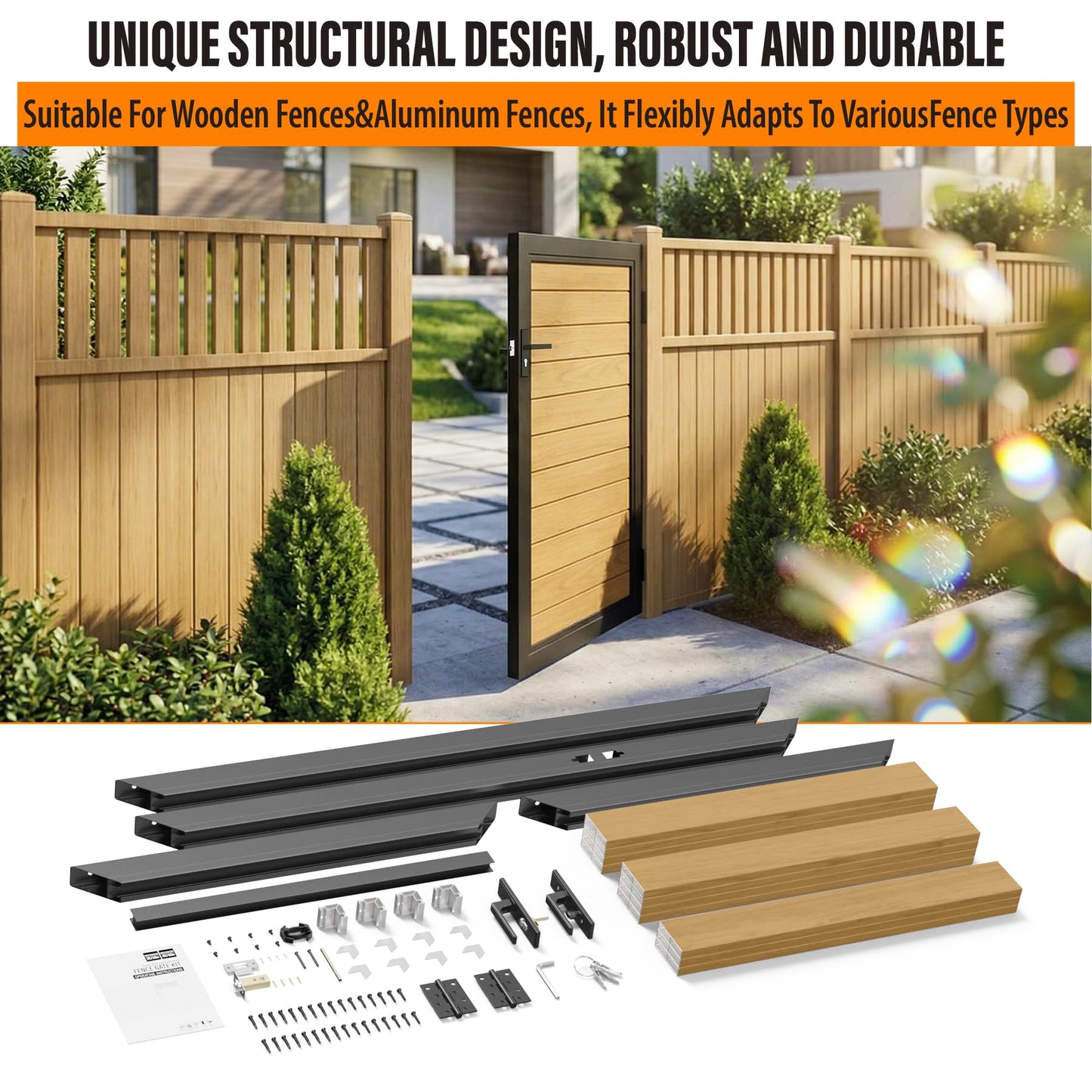 WOCEPU 4x5 FT (46.6"x58.4") Aluminum Fence Gate Kit, Heavy-Duty Wood Grain Aluminum Gate with Decorative Cutout, Lock & Hinges, Left/Right Opening, Weather-Resistant for Yard, Garden, Backyard