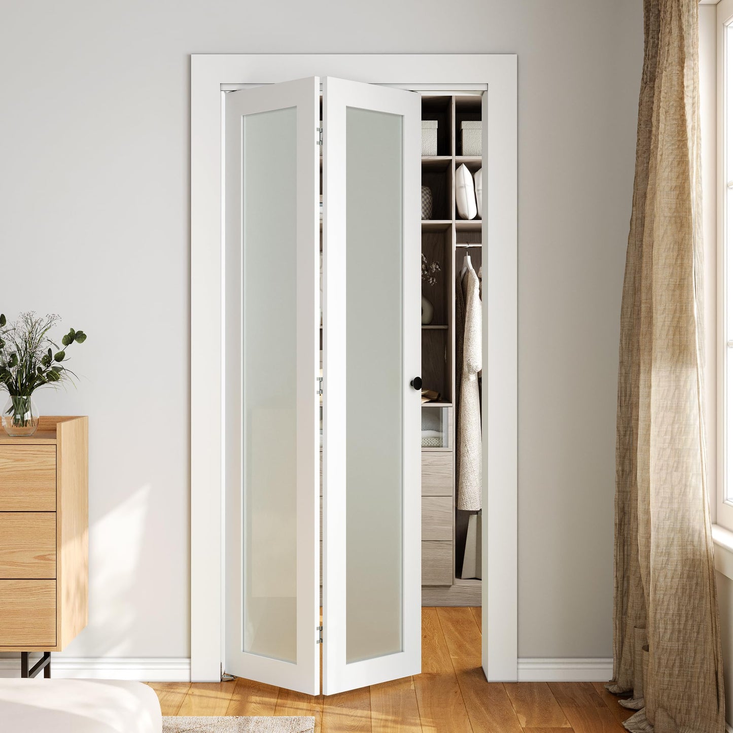 SMARTSTANDARD Bifold Door, 24'' x 80" Tempered Frosted Glass, Interior Folding Door with Hardware Track Kits, Easy Assembly, MDF, White