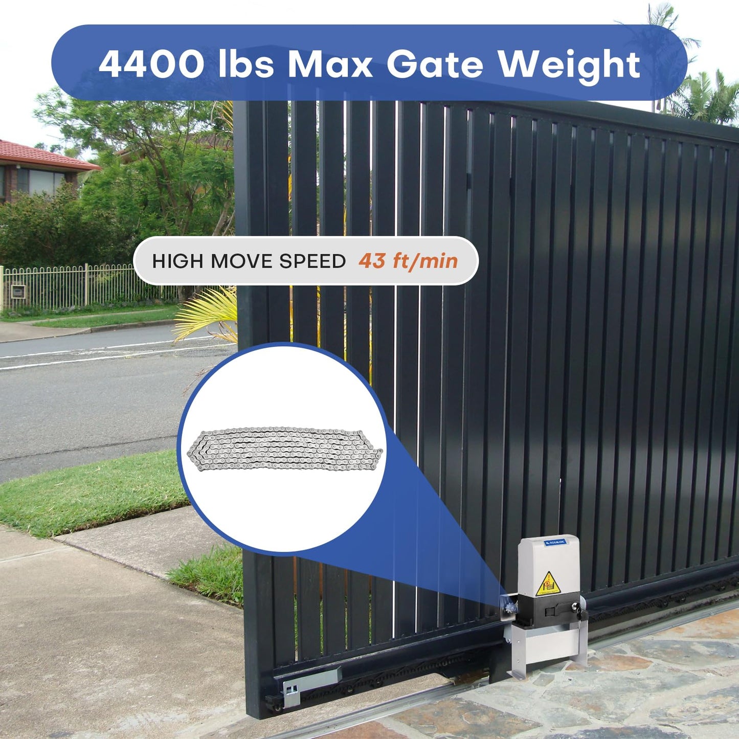 Automatic Sliding Gate Opener, 4400lbs Chain Operated Gate Opening Kit with 4 Remotes, 750W Electric Rolling Driveway Slide Gate Motor Remote Kit for Private Home Business Communitie