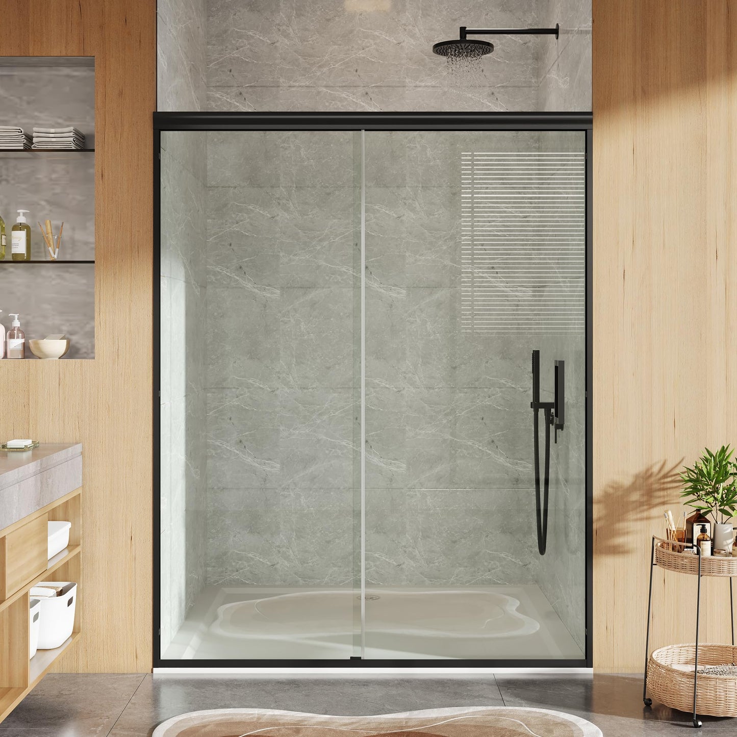 Sliding Shower Door, 44-48" Width x 72" Height, Bypass Single Sliding Design, 6mm (1/4") SGCC Tempered Glass, Brushed Nickel Finish with Matte Black Aluminum Alloy Track