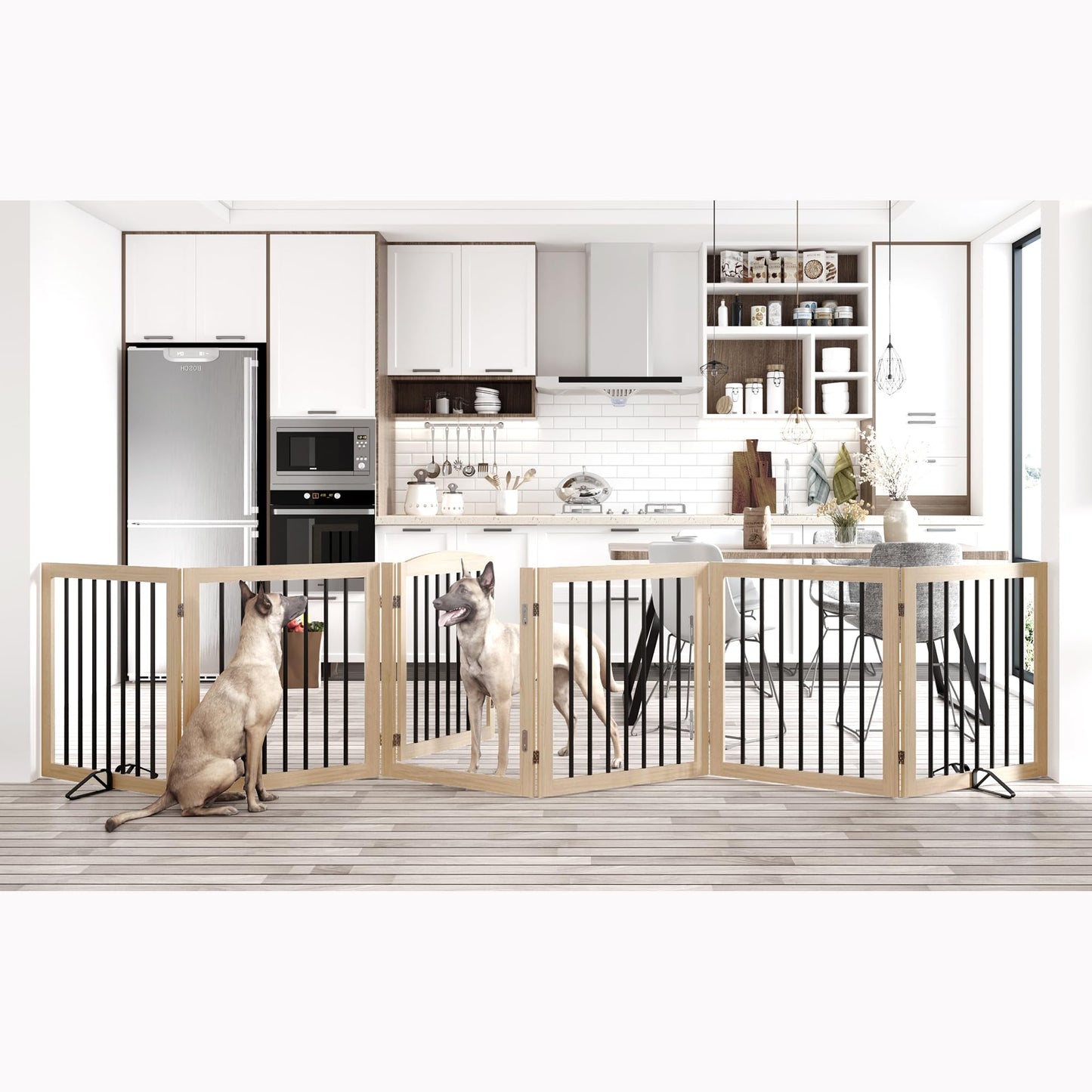 Vantas Folding Pet Gate 144" Wide, 30" Tall No-Assembly Wooden Dog Gate with Door Walk Through, Freestanding Puppy Safety Fence, 2PCS Support - Natural White