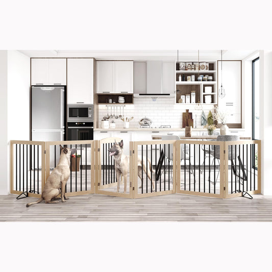 Vantas Folding Pet Gate 144" Wide, 30" Tall No-Assembly Wooden Dog Gate with Door Walk Through, Freestanding Puppy Safety Fence, 2PCS Support - Natural White
