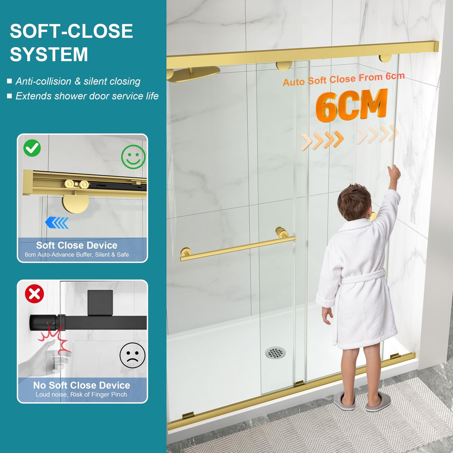 Frameless Shower Door with Soft-Close & Anti-Leak,5/16" (8mm) Double Sliding Shower Door,Nano Coating Anti-Explosion Film SGCC Tempered Glass 43"- 48" W x 76" H,Brushed Gold