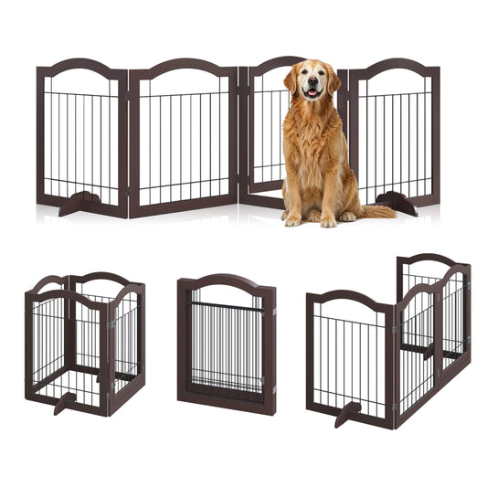 Vantas Folding No-Assembly Dog Door Pet Gate 96" Wide, 30" Tall Wooden Dog Gate with Door Walk Through, Freestanding Wire Pet Gate, Pet Puppy Safety Fence, with 2PCS Support – Espresso