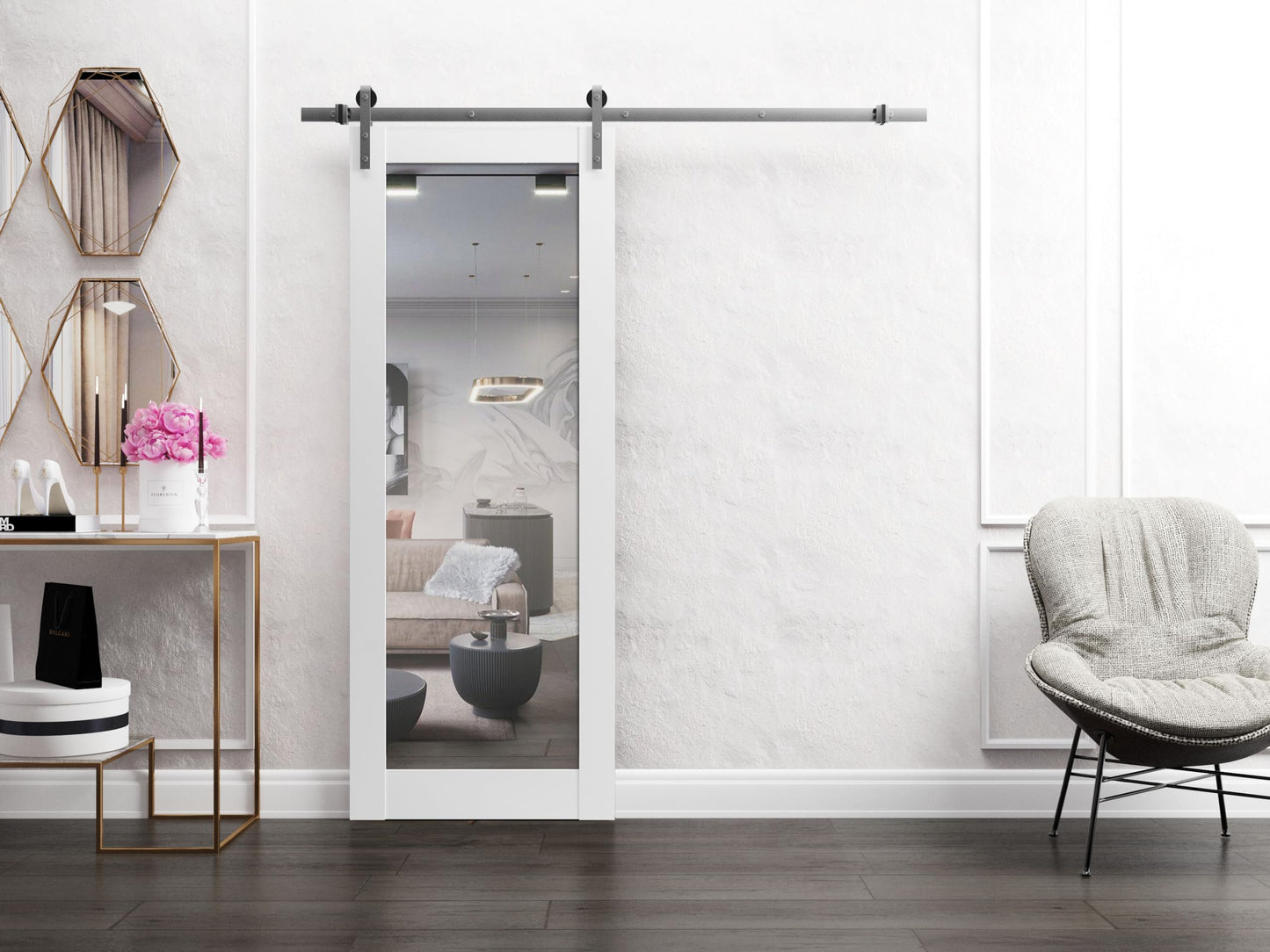 SARTODOORS Lucia 1299 | Interior Single Sliding barn Door with Mirror, Solid Wood, 30x80, White, Modern Style | Hardware Included