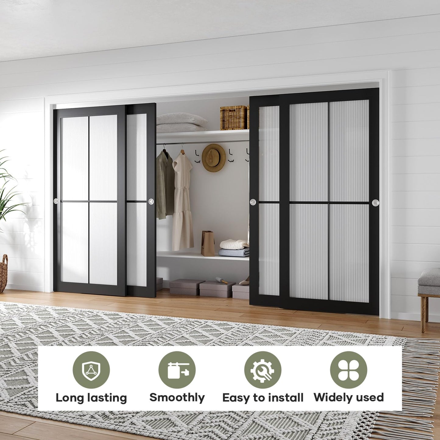 EaseLife 12FT/144in Bypass Double Sliding Pocket Door Hardware Kit,Commercial Grade,Aluminum,Bypassing Wardrobe Closet Door Track for 4 Door System,Slide Smoothly Quietly,Easy Install,No Door