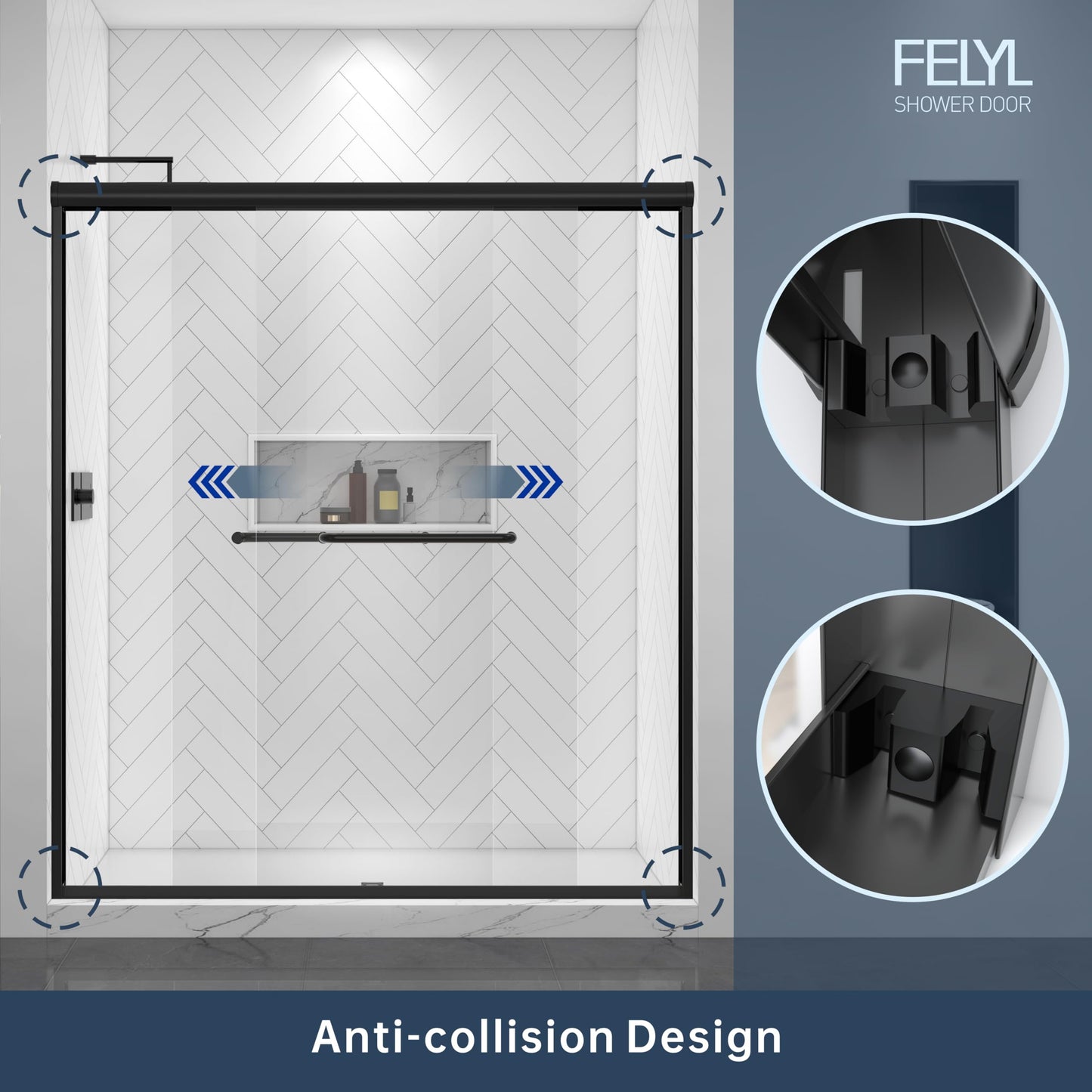 FELYL Double Sliding Shower Door 61-66" W x 72" H, Matte Black, Bypass Shower Door, Clear Glass, Framed, 1/4" (6mm) Tempered Glass