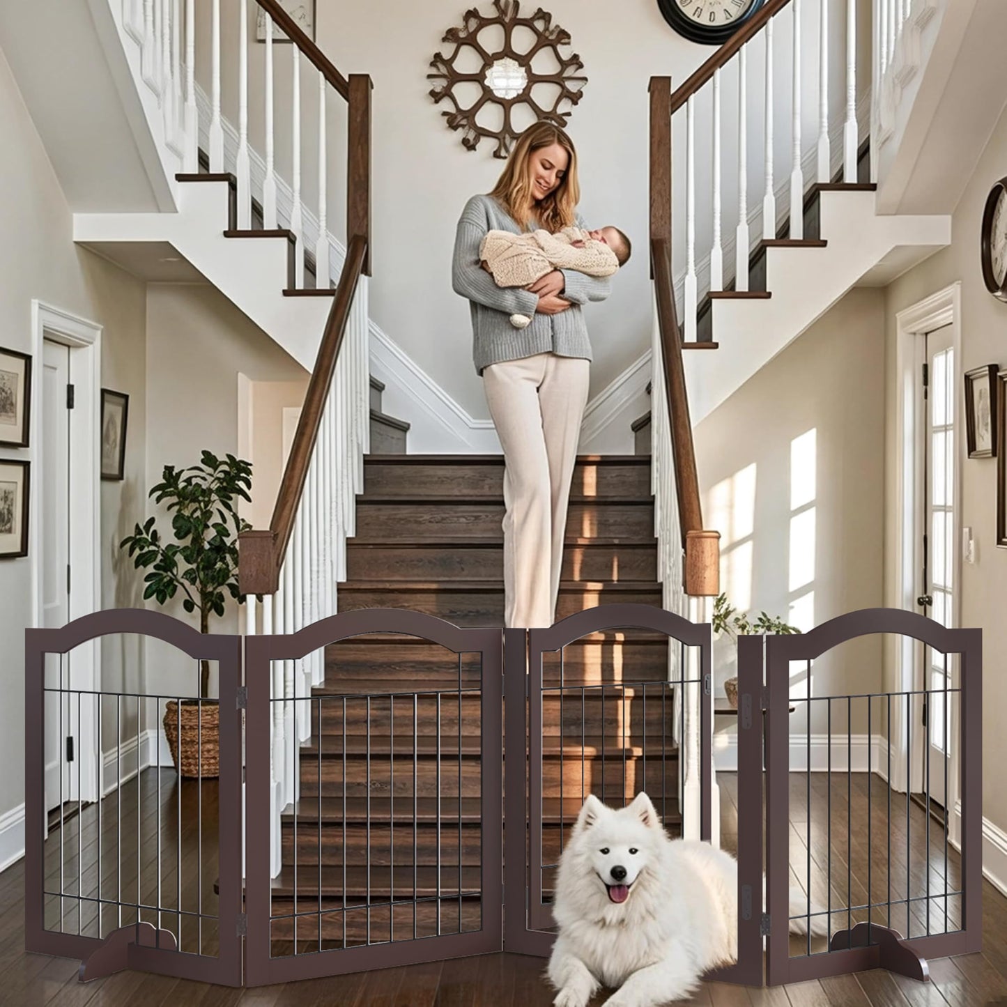 Vantas Folding No-Assembly Dog Door Pet Gate 96" Wide, 30" Tall Wooden Dog Gate with Door Walk Through, Freestanding Wire Pet Gate, Pet Puppy Safety Fence, with 2PCS Support – Espresso