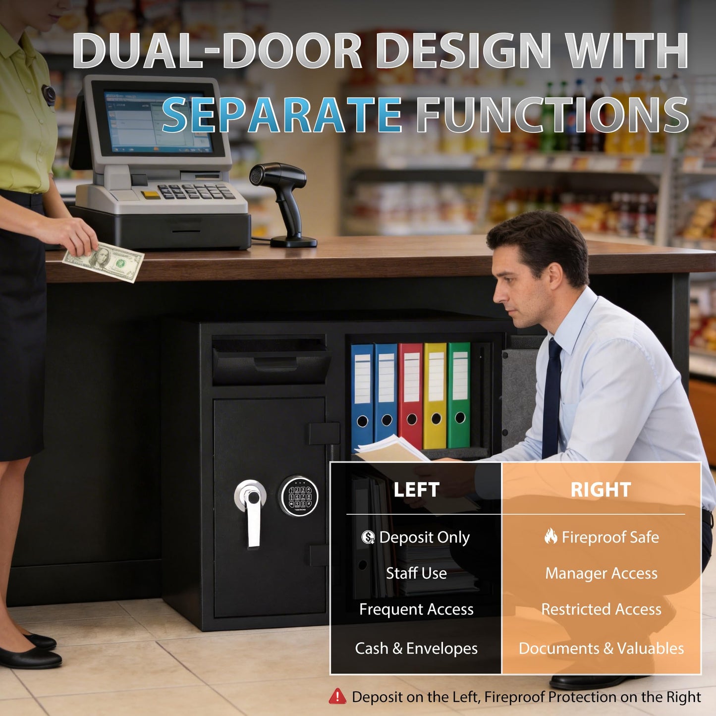 TIGERKING Extra Large Dual Door Depository Safe with Drop Slot, Right-Side 45-Min Fireproof Storage, Solid Steel Dual Keypad Access Cash Safe, 10.08 Cu Ft 308.6 lbs for Business and Retail
