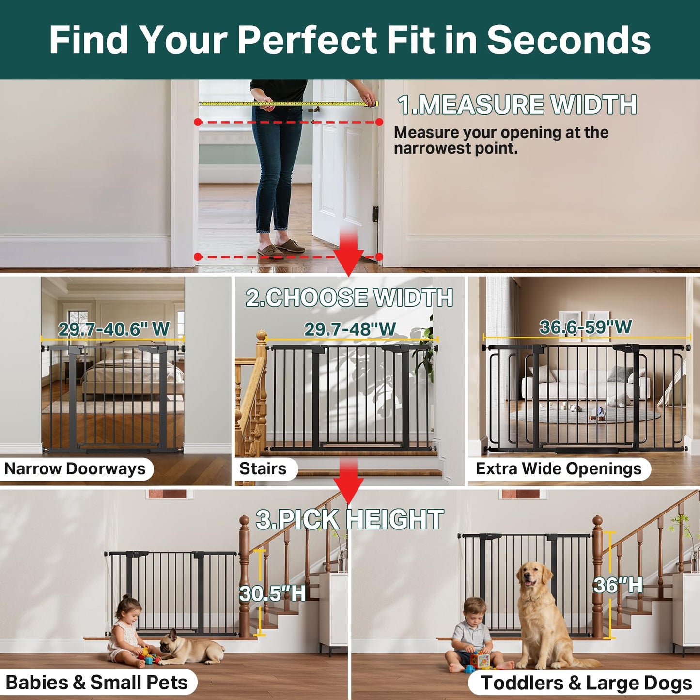 Cumbor 36.6-59" Extra Wide Baby Gate for Stairs, Pressure Mounted Dog Gate for Doorways, Auto-Close Easy Walk Through Safety Child Gate for Kids Toddler, Tall Pet Gates Indoor, Black