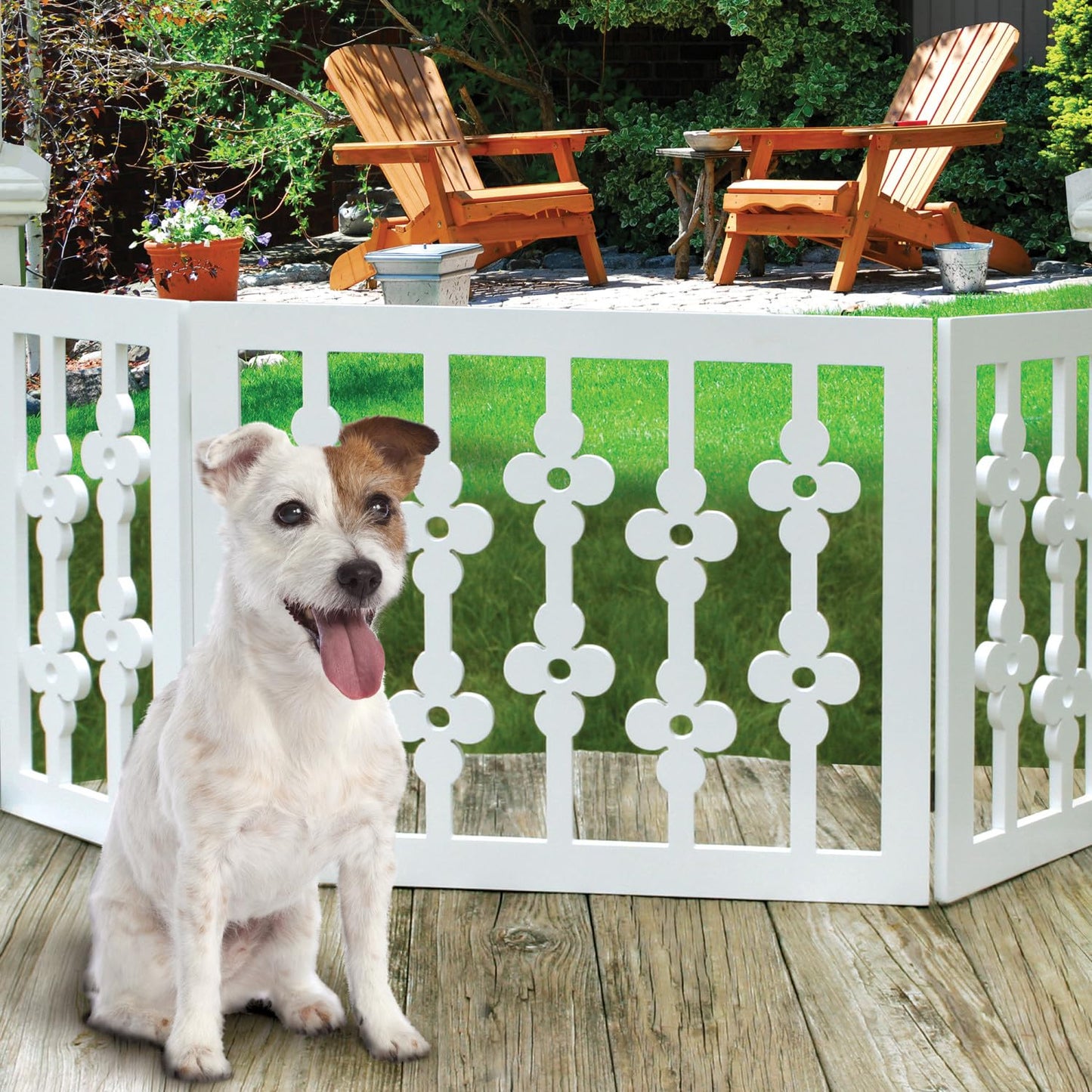 Etna White Floral Wooden Pet Gate - Freestanding Foldable Adjustable 3-Section Dog Gate. Extra Wide, Keeps Pets Safe Indoors/Outdoors - Fully Assembled