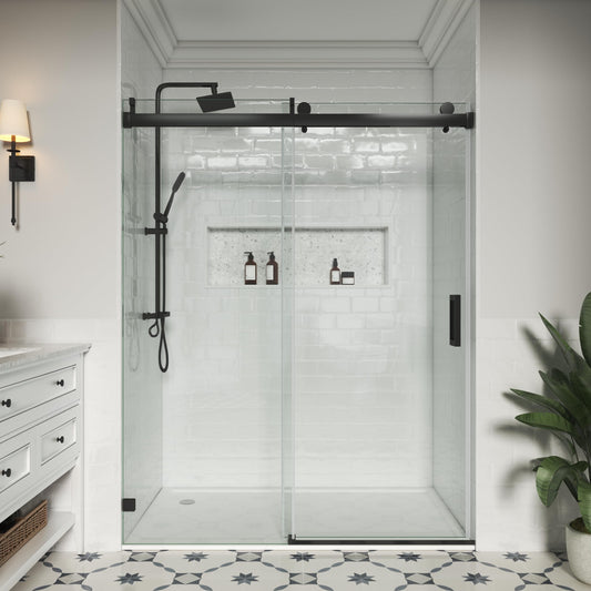 YINVANI Frameless Shower Door, 56-60.5" W x 76 ", Single Sliding Shower Door, Soft-Close Design SGCC Certified 3/8" (10mm) Clear Tempered Glass, Matte Black Stainless Steel Finish.