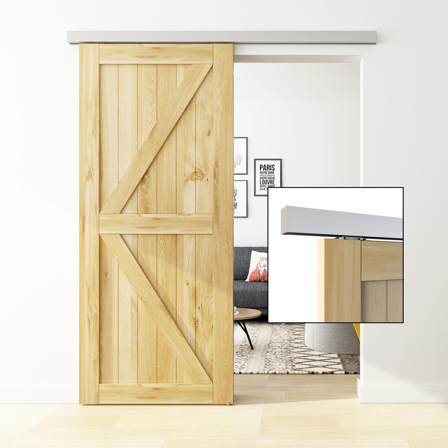 JUBEST 6FT Sliding Barn Door Track Kit, Aluminium Box Rail Wall Mounted Hidden Barn Door Hardware Kit, for Various Modern Doors, Easy to Install, Low Clearance