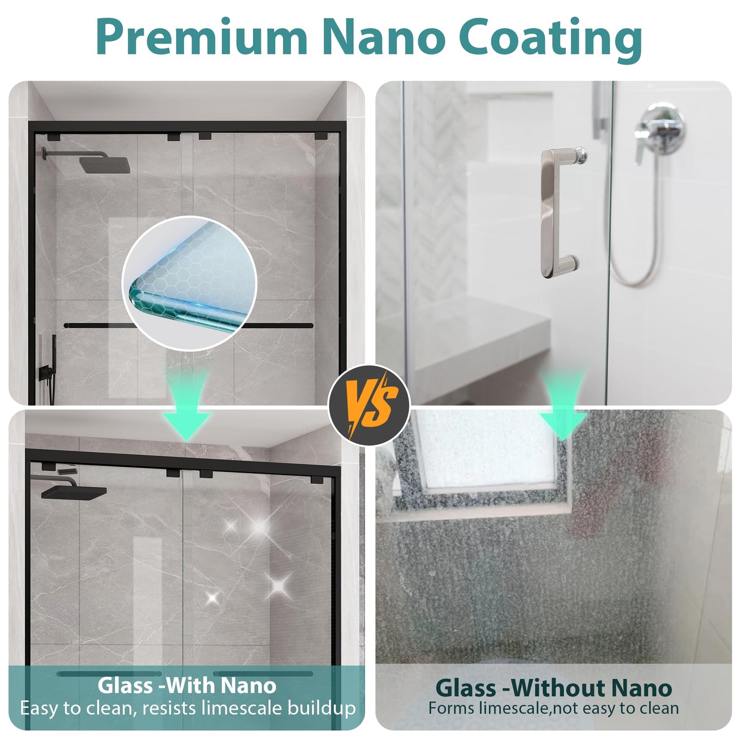 KPUY Glass Shower Door, 43-48" W x 76" H Semi-Frameless Double Sliding Shower Door, 1/4" (6mm) Thick Tempered Clear Glass with Explosion-Proof Film Nano Coating, Matte Black