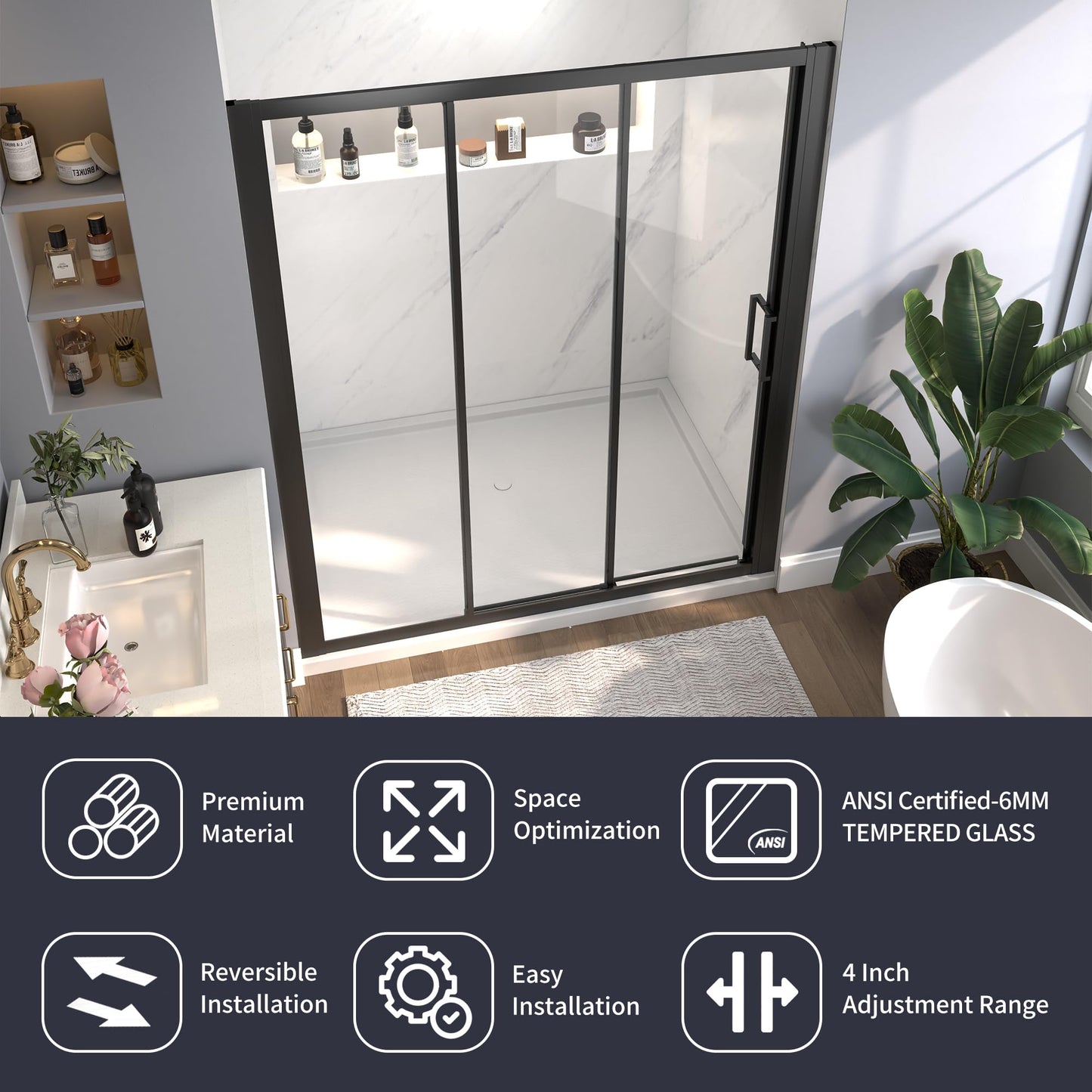 56"-60" W x 70" H Tri-Fold Sliding Shower Door, 1/4" (6mm) Clear SGCC Tempered Glass Shower Door with Easy-Clean Coating, 32 1/8" Walk-in, No-Cutting Adjustment, Reversible Installation, Matte Black