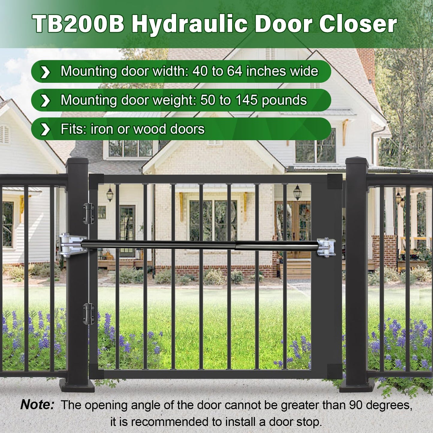 TB200B Heavy Duty Hydraulic Outdoor Door Closer, Suitable for 40 to 64 inch Doors, Load Capacity 60 to160 lbs | for Farms/ranches/Gardens (Black)