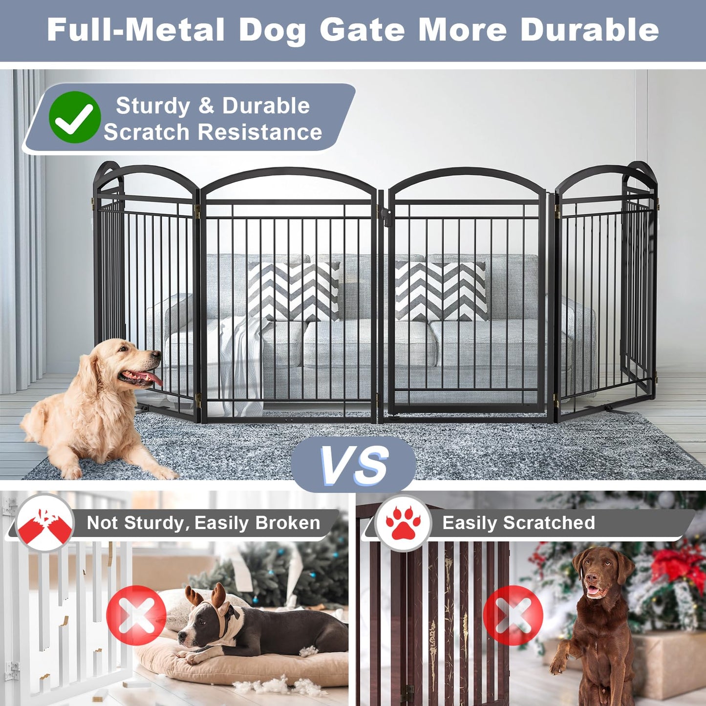 Full Metal Free Standing Dog Gate with Door for Indoor Outdoor, 144'' Extra Wide 36'' Tall Dog Gate for Doorways,Large Openings,Decks,Freestanding Portable Pet Fence(6 Panels,Black)
