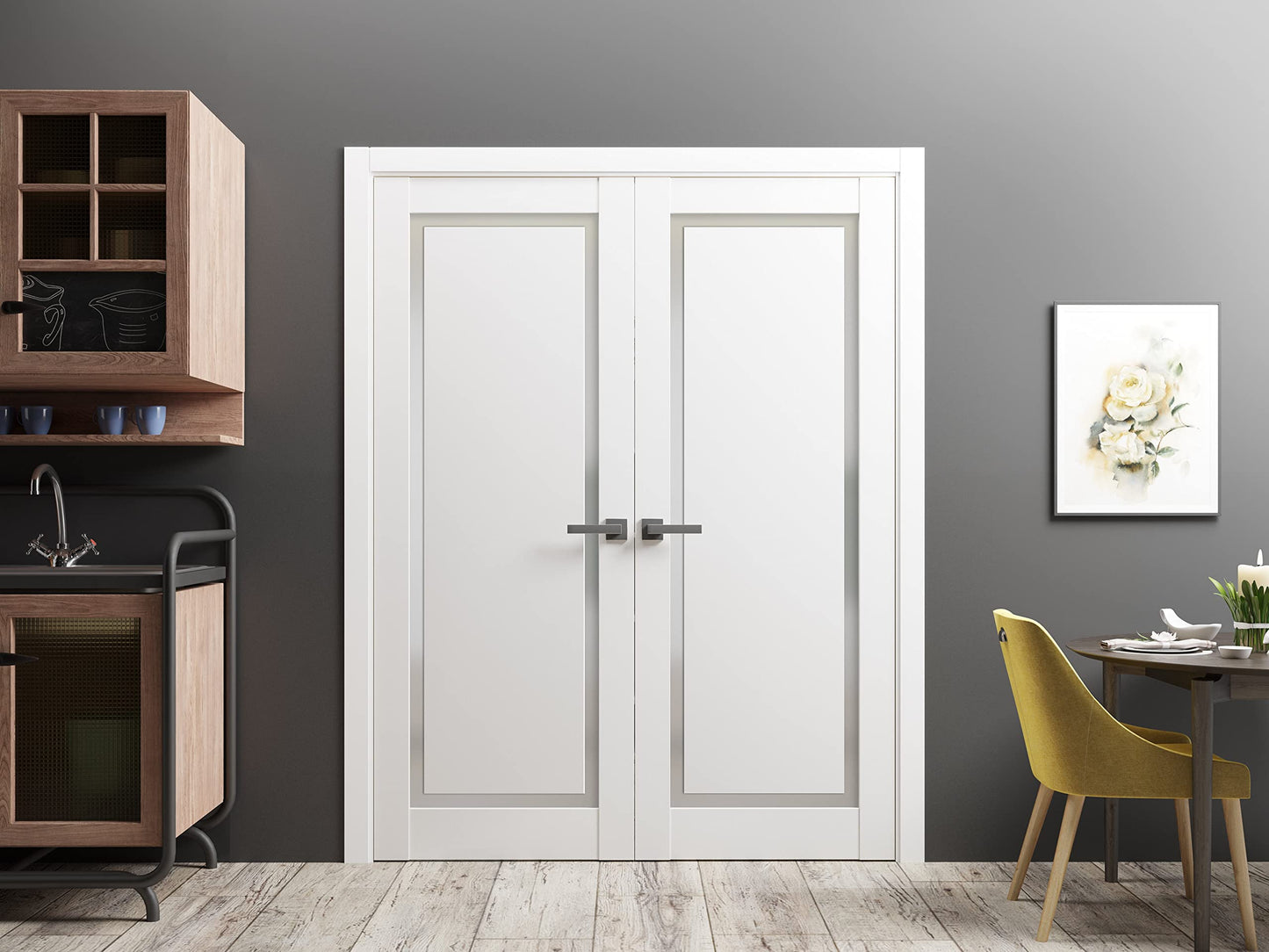 SARTODOORS Planum 0888 | Double Swing Interior French Doors with Glass with Frosted Glass, Solid Wood, Hardware Included, 60x84, White, Modern