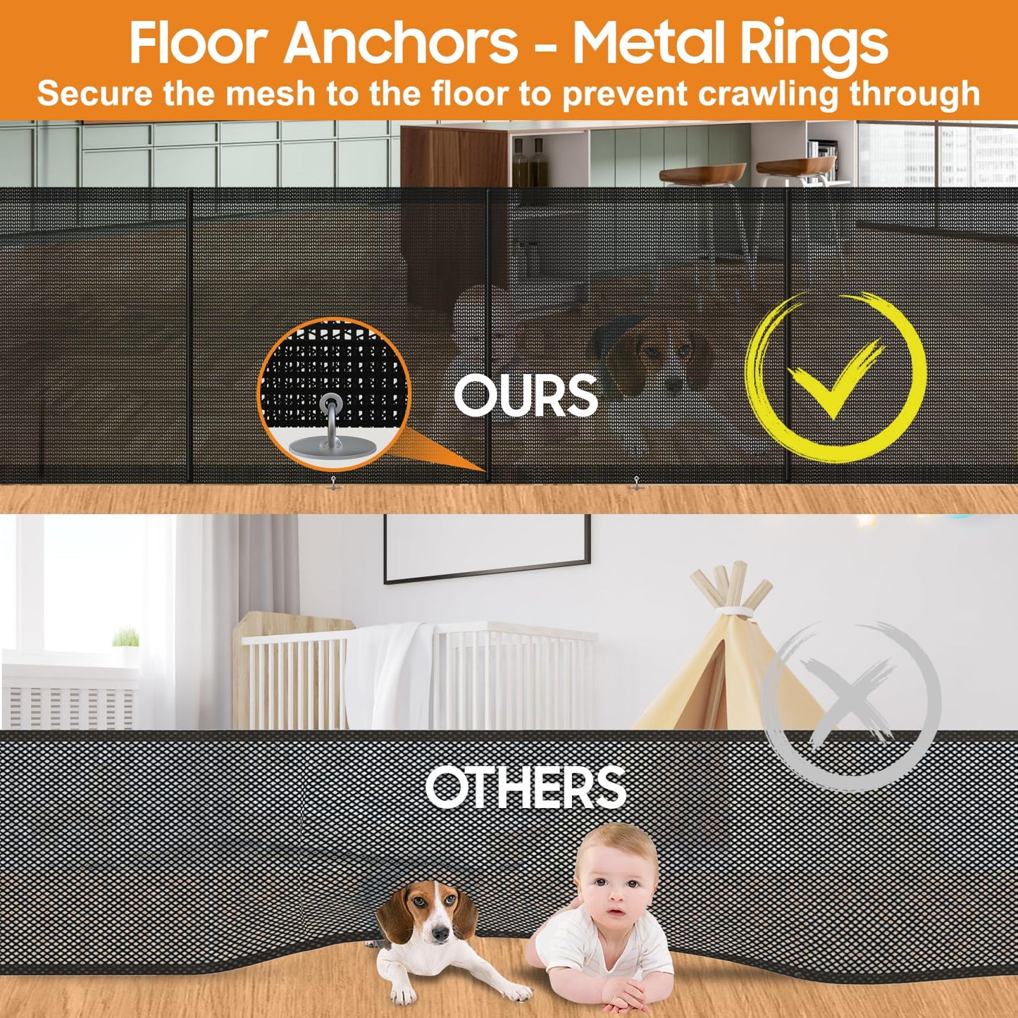 180" Extra Wide Retractable Baby Gates for Large Openings, 42" Extra Tall with Support Rods, Prevent Crawling, Mesh Dog/Pet Gate for Stairs/Doorways, Indoor/Outdoor Use