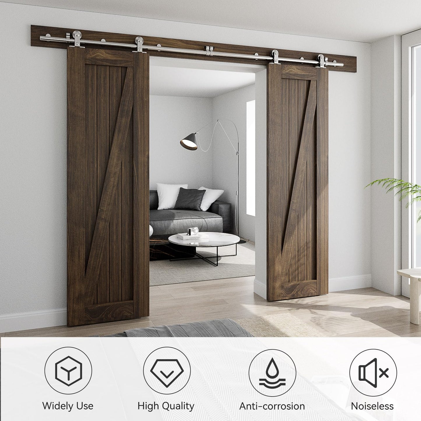 CCJH 6 FT Stainless Steel Sliding Door Hardware Kit, Top Mount Wooden Door Hardware for Double Door, Fit 18" Wide Door Panel, J Style