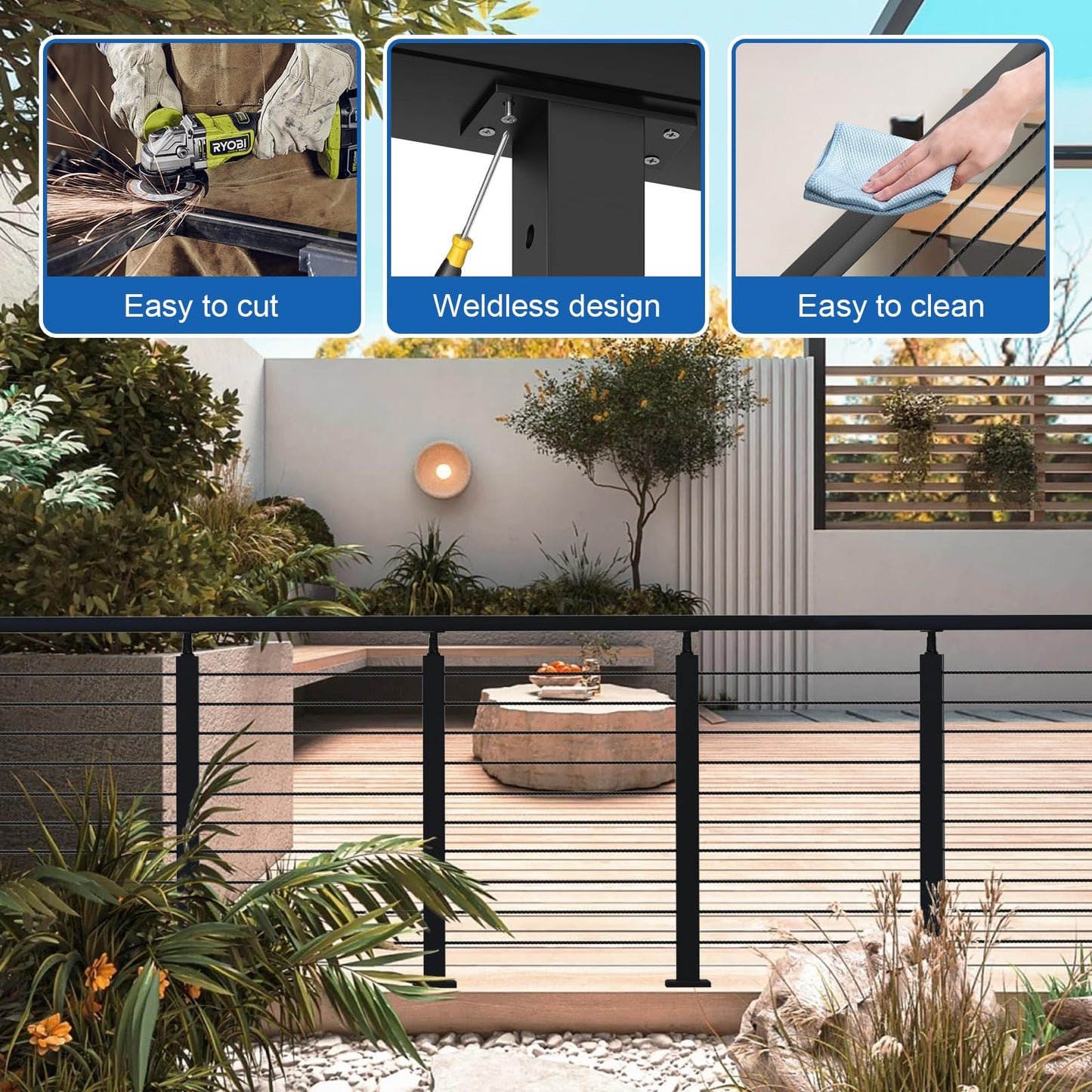 BLIKA 2Pack 8FT Stainless Steel Cable Railing Handrail, Black Rectangular Handrail Flat Top Rail with End Caps for Deck Stair Cable Railing System, Deck Hand Rails for Indoor/Outdoor, BL01-T