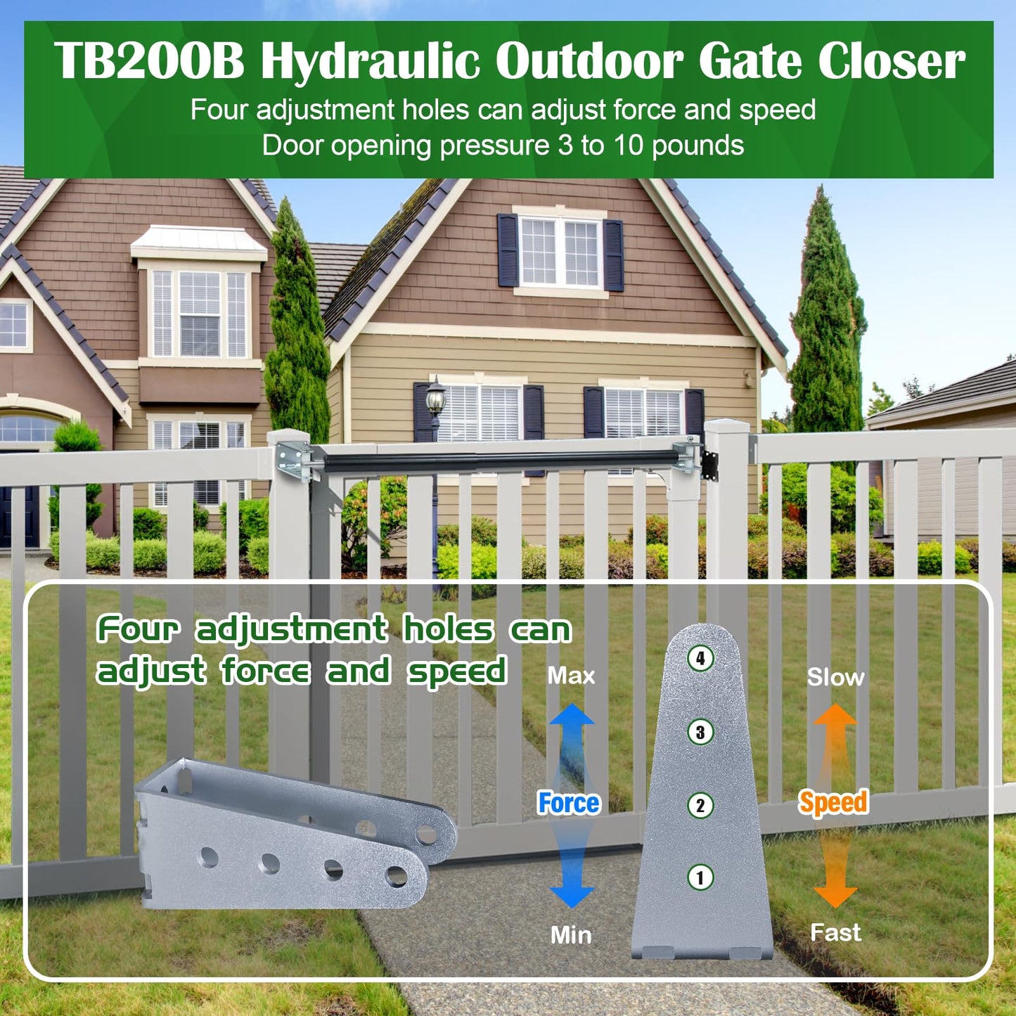 TB200B Heavy Duty Hydraulic Outdoor Door Closer, Suitable for 40 to 64 inch Doors, Load Capacity 60 to160 lbs | for Farms/ranches/Gardens (Black)