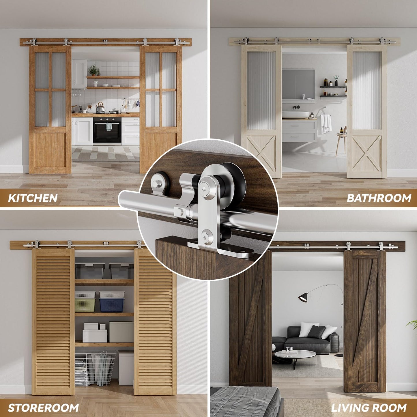 CCJH 6 FT Stainless Steel Sliding Door Hardware Kit, Top Mount Wooden Door Hardware for Double Door, Fit 18" Wide Door Panel, J Style