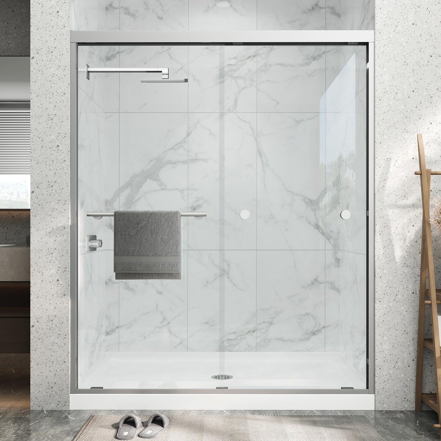 Double Sliding Shower Door 43-48" W x 72" H,Semi-Frameless Glass Shower Door with Nano Explosion-Proof Safety Film, 1/4"(6mm) Tempered Glass,Easy-Clean Bypass Walk-in Shower Door,Brushed Nickel