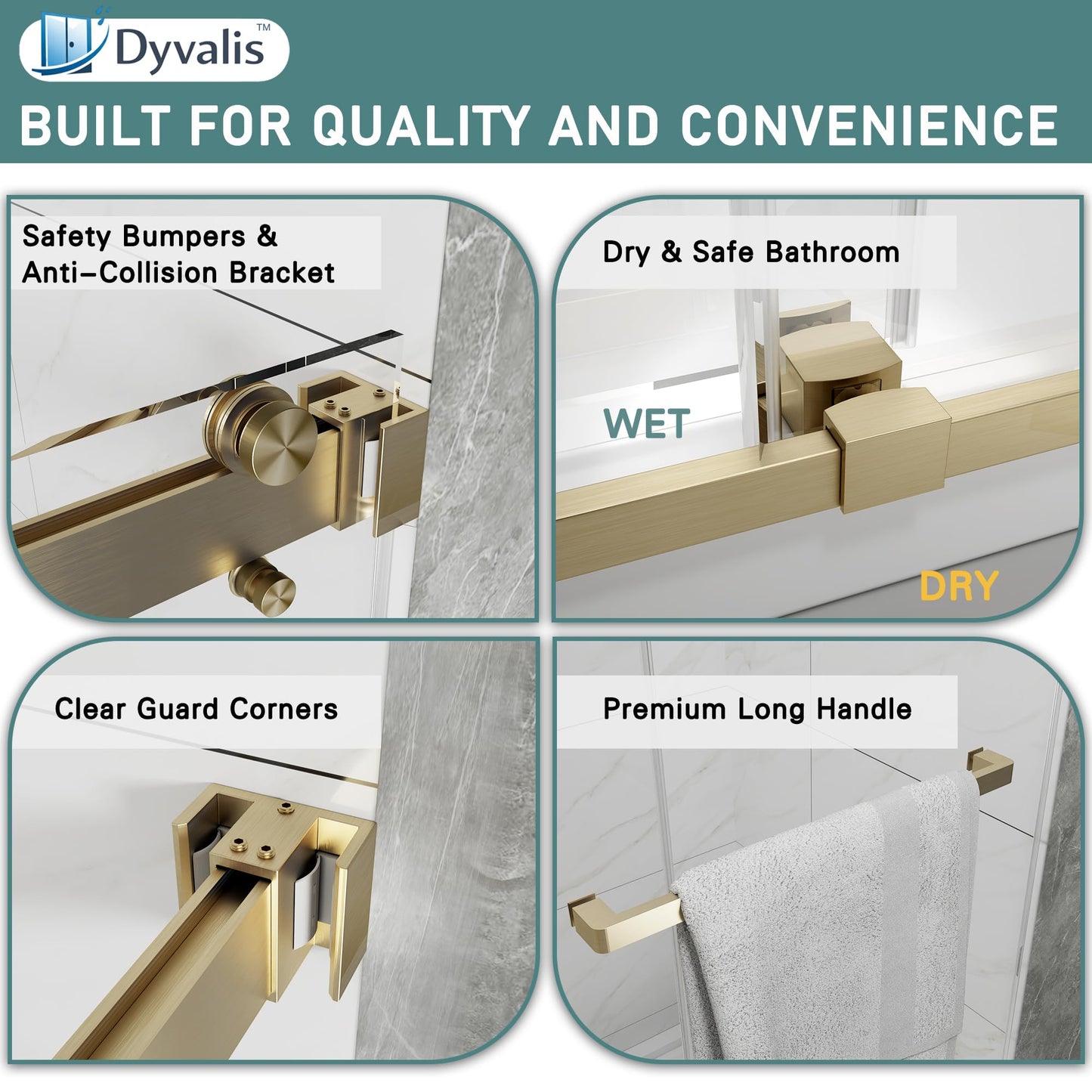 Dyvalis 49-54" W x 76" H Frameless Double Sliding Shower Door for Walk-in Shower,5/16" (8mm) SGCC Certified Clear Tempered Safety Glass,Easy-Clean Coating,Quiet Heavy-Duty Roller System, Brushed Gold
