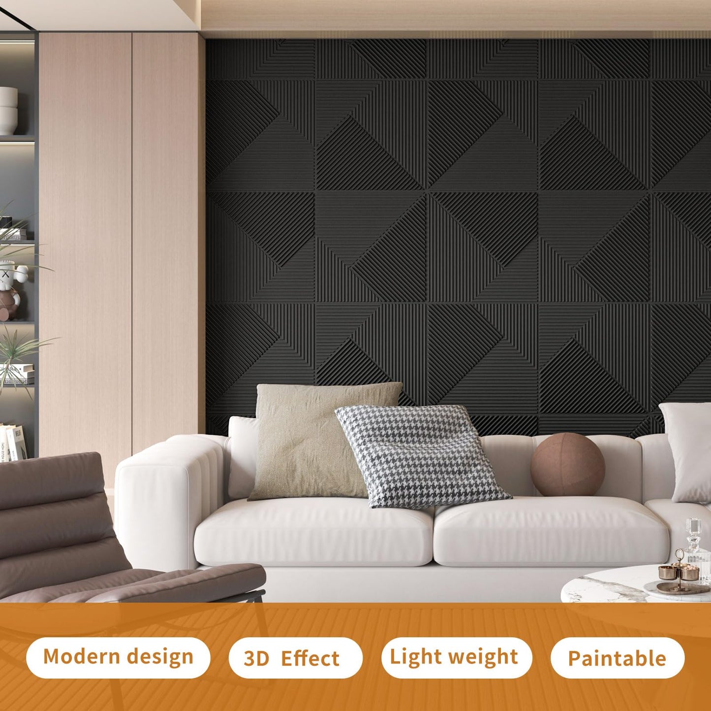 WOWSTAR 12-Pack 3D Wall Panels 19.7" x 19.7", Black Slat Wall Panels for Living Room Wall Decor, Modern Black Wall Covering for Home & Office