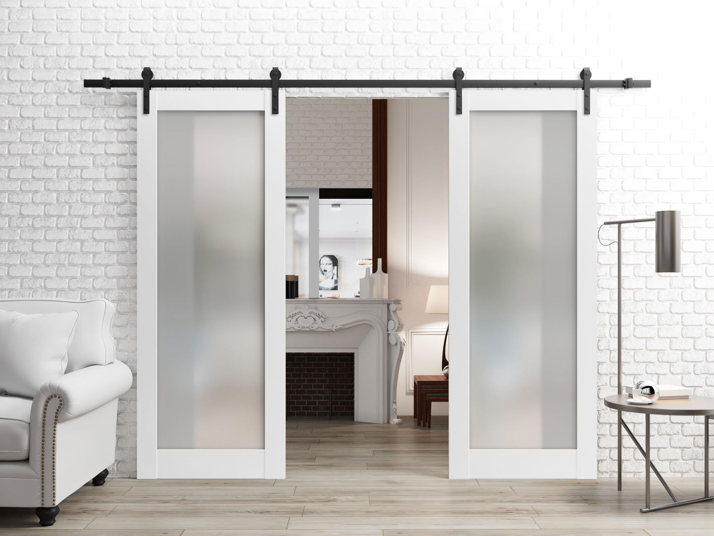 SARTODOORS Sturdy Double Barn Door with Frosted Glass | Planum 2102 White Silk | 13FT Black Rail Hangers Heavy Set | Solid Panel Interior Doors-64" x 80" (2 * 32x80)-Black Rail-Frosted Glass