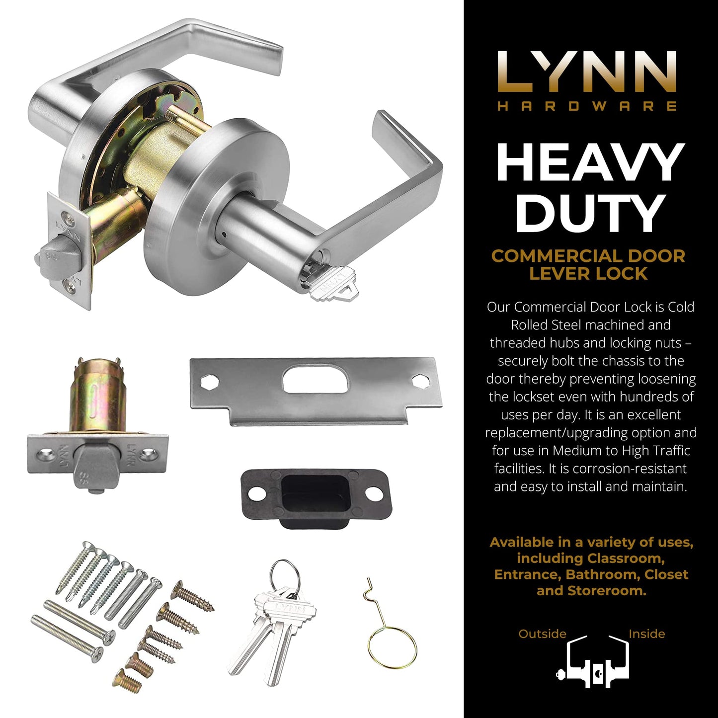 LYNN HARDWARE - Entrance - Commercial Door Lock - Heavy-Duty Designer Handles for Doors - Durable Grade 2 Indoor Locks for Doors - Cylindrical Door Handle Lock - ADA Compliant - Satin Chrome