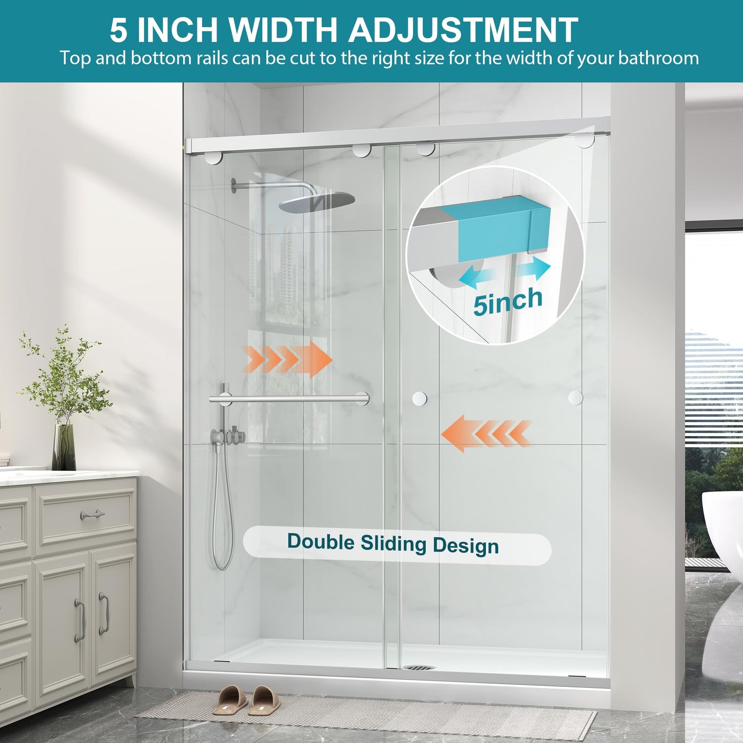 Frameless Shower Door with Soft-Close & Anti-Leak,5/16" (8mm) Double Sliding Shower Door,Nano Coating Anti-Explosion Film SGCC Tempered Glass 43"- 48" W x 76" H,Brushed Nickel