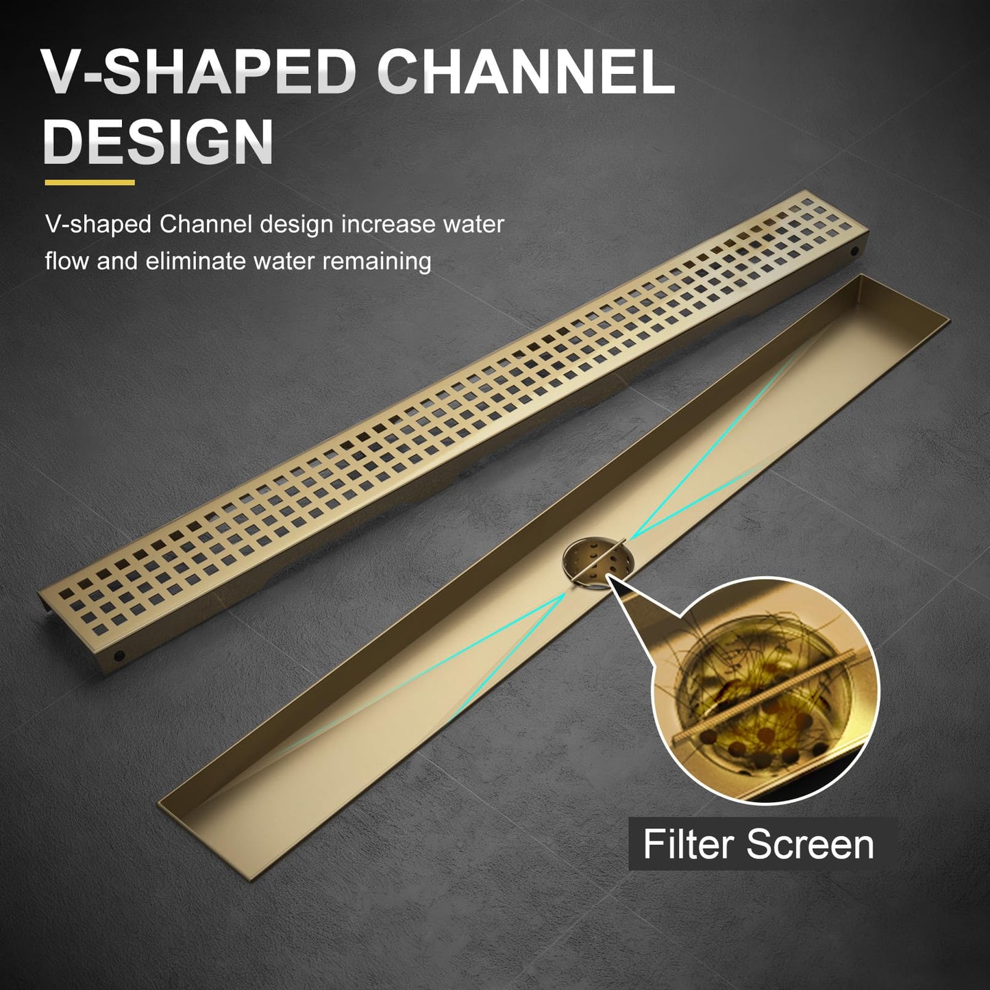 24-Inch Brushed Gold Linear Shower Drain, 304 Stainless Steel Long Linear Drain with Quadrato Pattern Grate, Rectangle Shower Floor Drain with Adjustable Feet, Hair Strainer, Fits Bathroom, Balcony