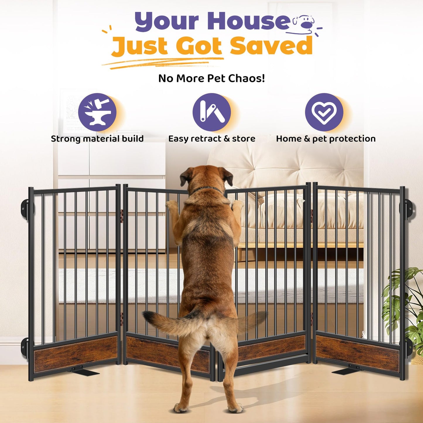 Freestanding Dog Gates with Door Metal Wood for Outdoor Indoor, 81'' Extra Wide 32'' Tall 4 Panels Free Standing Pet Gate for Doorways, Large Openings, Deck,Yard, Foldable Safety Dog Fence, Black